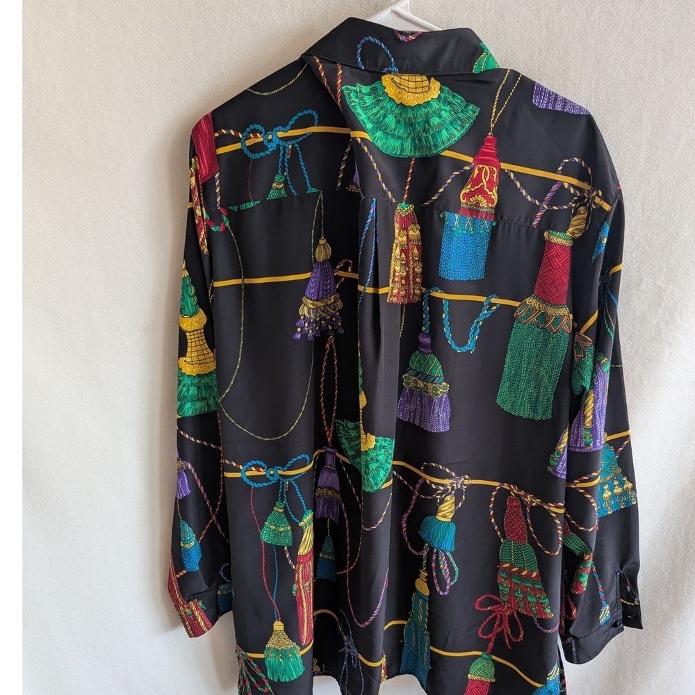 Vintage Doncaster Tassel Rope Print Blouse Black Long Sleeve Button Down Sz 14